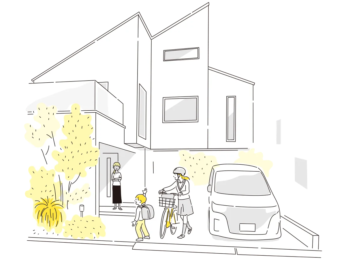 新築戸建ての前で、登校する子どもたちを見送る家族のイラスト