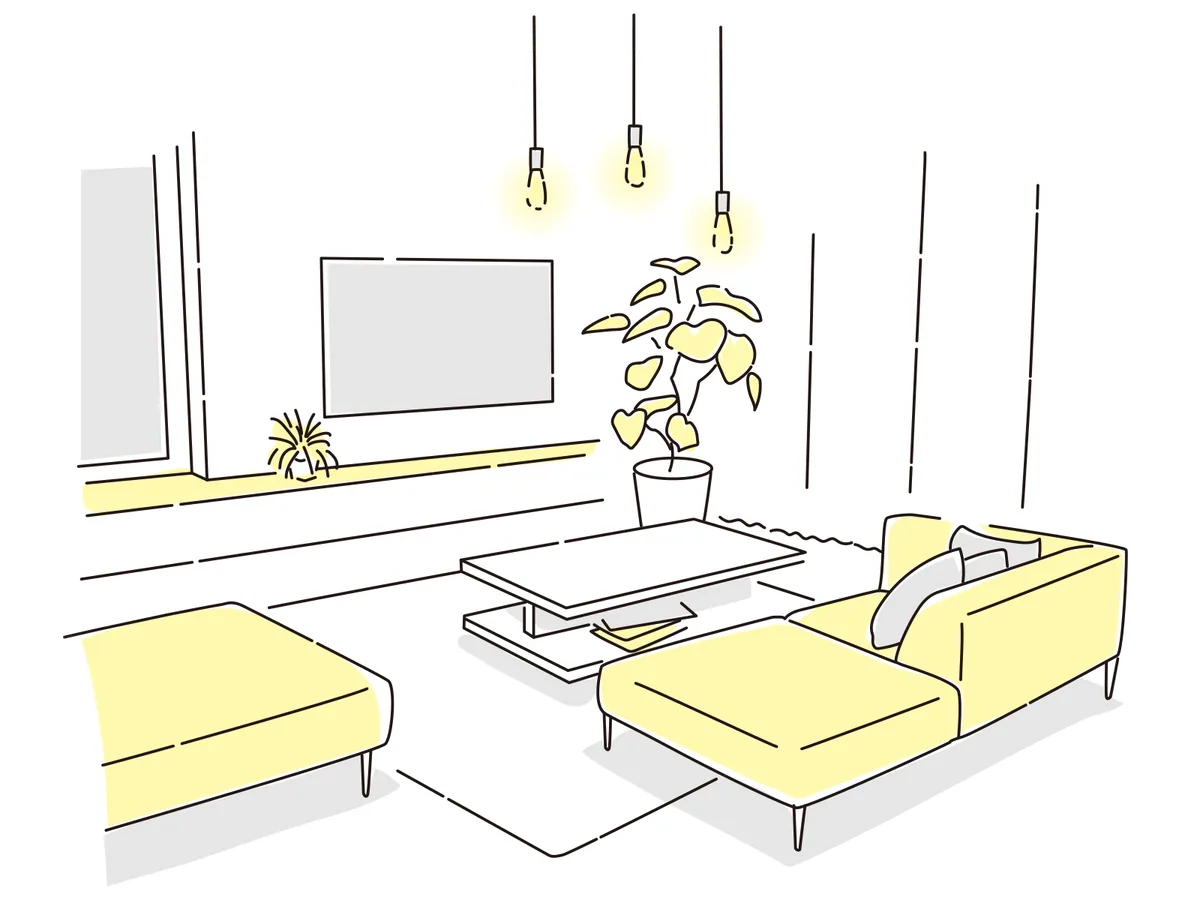 ソファと観葉植物のある明るいリビングのイラスト